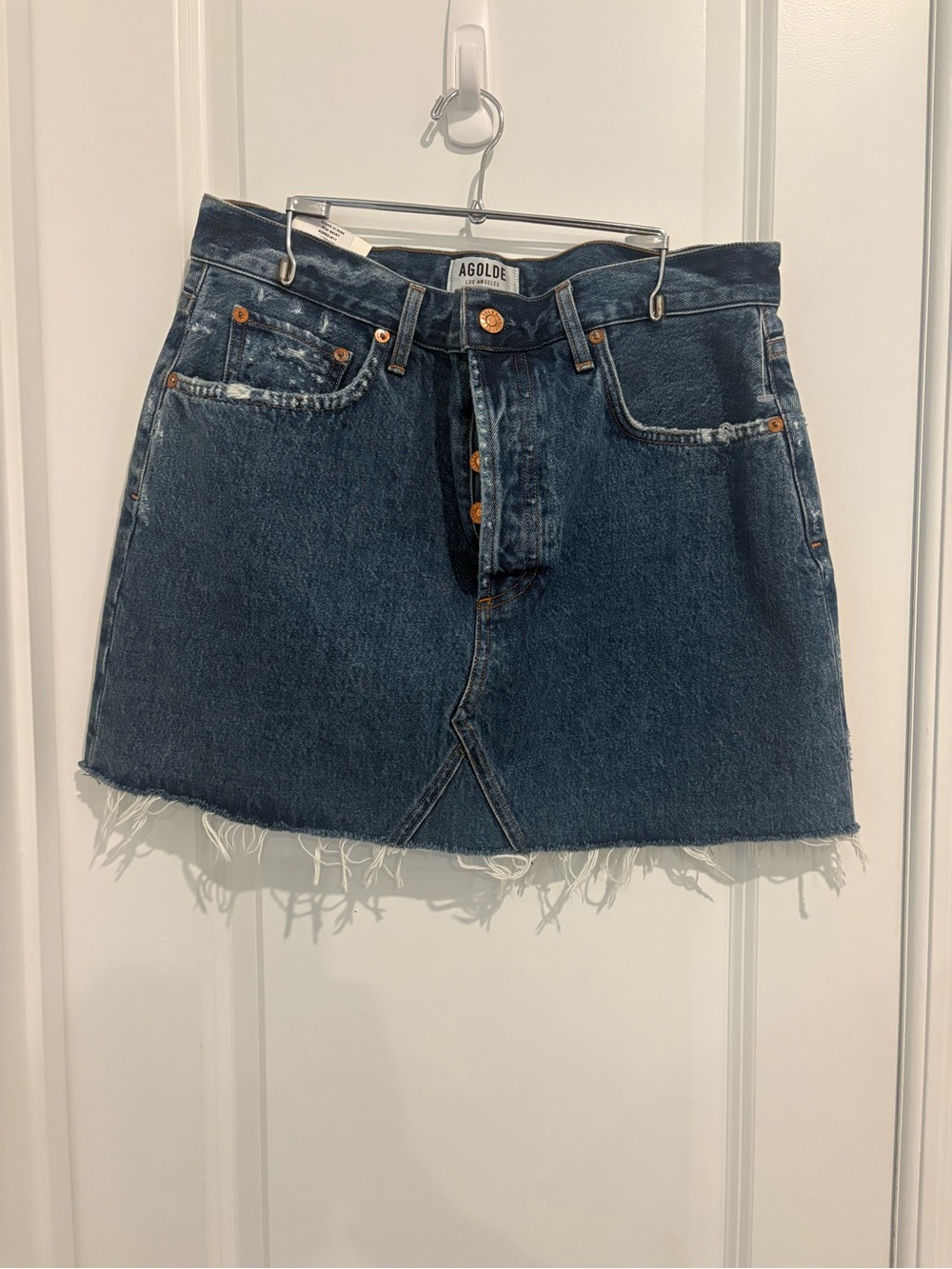 NWT Agolde quinn high rise Button-Front Denim Mini Skirt with Raw Hem size 30